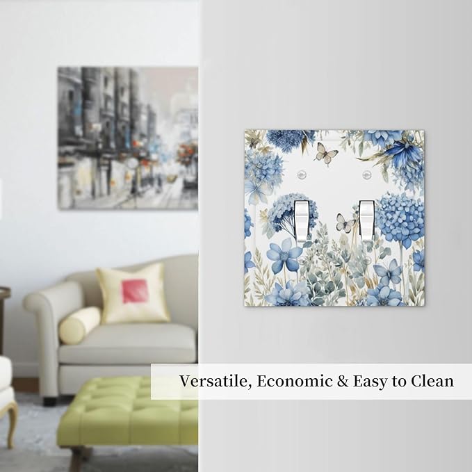 Decorative Light Switch Plate Covers Boho Blue Flowers Rustic Beige Butterfly Leaves 2 Gang Wall Plate Double Toggle Switch Cover Plate Electric Dual Device Electrical Faceplate