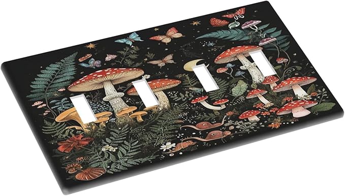 Cartoon Floral Mushroom forest Butterfly Flowers Light Switch Covers Quad Toggle 4 Gang Wall Plate Decorative Switch Plates Electrical Faceplate for Bedroom Kids Room Decor