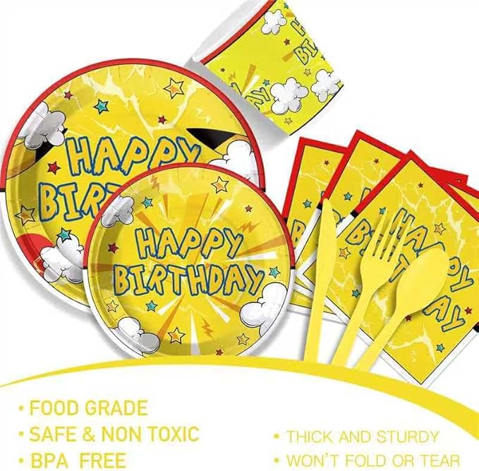 Cartoon Yellow Animal Party Supplies for 24 Guests, Anime Cartoon Celebration Party Decorations Disposable Tableware Set With Plates, Cups, Napkins & Cutlery For Kids Child Themed Birthday Celebration