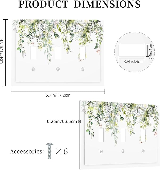 Decorative Switch Plates Green Eucalyptus Leaves Floral Wildflower 3 Gang Wall Plate Triple Toggle Light Switch Cover Faceplate Electrical Wall Panels For Bed Room Living Room Decor