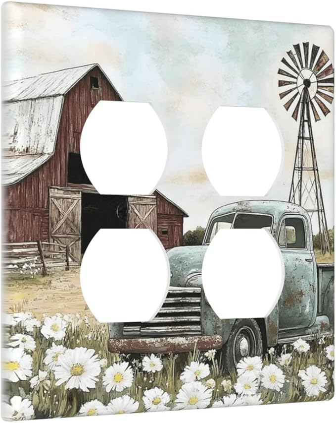 Retro Trucks Old Barn Windmill Teal Car Rustic Outlet Covers 2 Gang Double Duplex Decorative Light Switch Covers Electrical Wallplates Socket Faceplate for Farmhouse Home Decor
