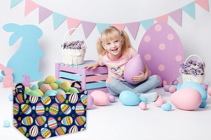 Essme Rectangular Easter Baskets,Bule Bins with Handles for Easter Decor,Shelf Basket,Toy Organizer,Easter Gift.（Bule Easter）