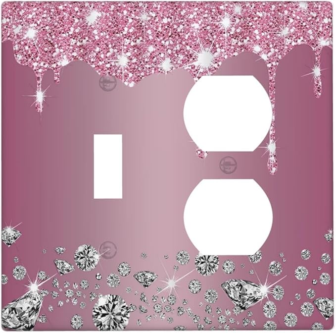 Decorative Outlet Covers Sparkling Diamonds Pink Silver Glitter Drops 2 Gang Wall Plate Cover Single Toggle Duplex Combo Two Switch Light Switch Cover Plate Jumbo Dual GFCI Face Plate