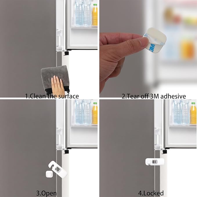Fridge Child Lock for Refrigerator, Freezer and Cabinet, 2 Pack Adhesive Baby Proof Latches, White