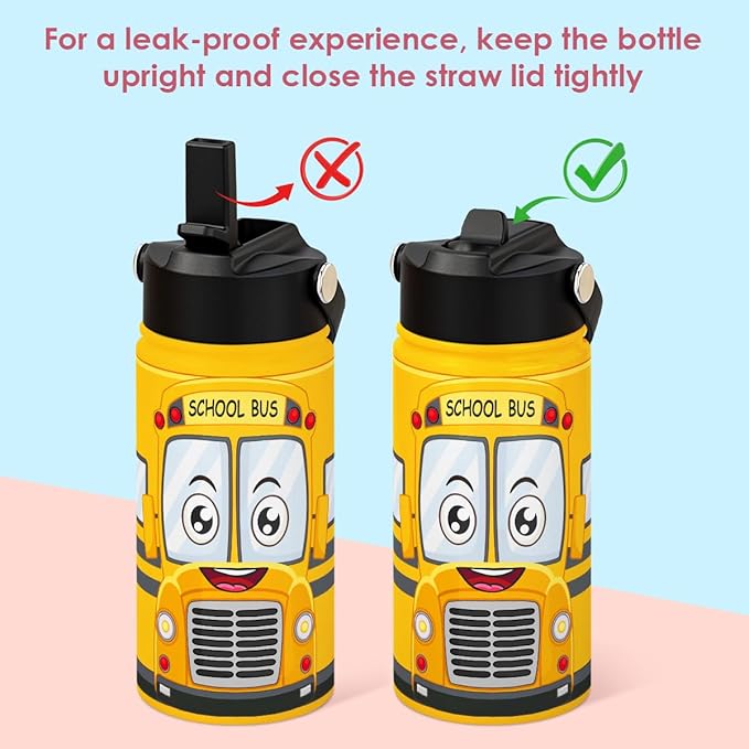 Kid Water Bottle 12oz with Straw Lid - 2-Pack Insulated Stainless Steel Water Bottles for Kids Girls Boys - Travel Cup for Back to School Sports Christmas Birthday (Alphabet & School Bus)
