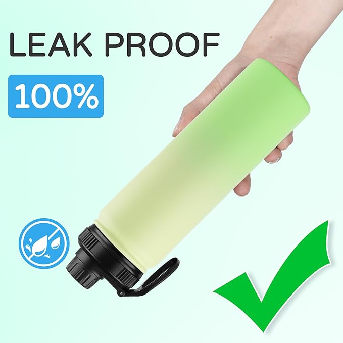 DOMICARE Insulated Water Bottle, 22 oz Vacuum Insulated Stainless Steel Reusable Sports Bottle with Straw Lid & Spout Lid for Travel, Camping, Bike, Leakproof, Green Gradient, 1 Pack
