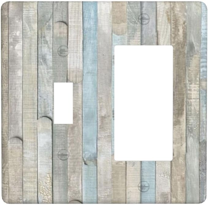 Country Rustic Teal Blue White Wood Plank Grain 2 Gang 1-Toggle 1-Rocker/Gfci Combination Light Switch Cover Kitchen Barn Wooden Decorative Combo Device Single Decorator/Toggle Outlet Wall Plate Cover