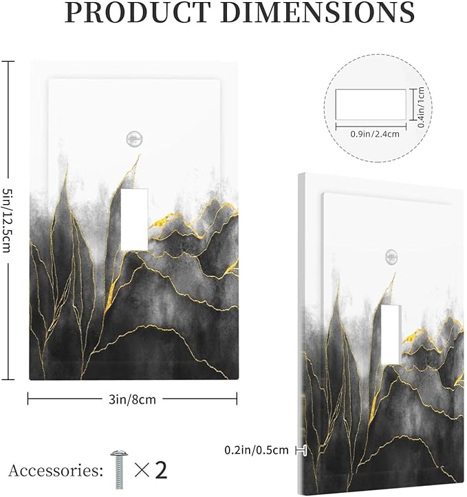 Decorative Light Switch Cover Black And Gold Marble White Golden Leaves 1 Gang Single Toggle Decorator Outlet Wall Plate Device Electrical Faceplate Switchplates for Bedroom living Room