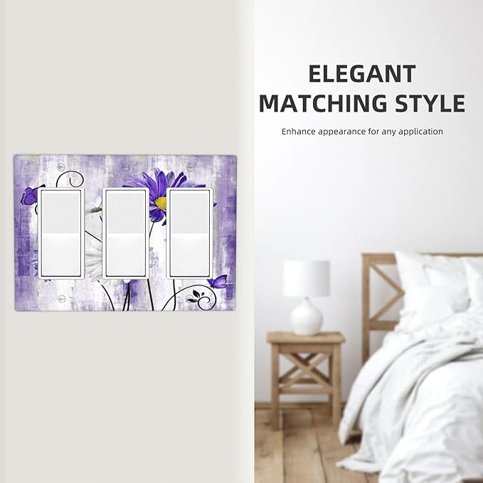 Decorative Outlet Covers Rustic Purple Daisy Butterfly Boho White Floral 3 Gang Wall Plate Cover Triple Rocker Decora Light Switch Covers Plate Jumbo Electrical GFCI Switch Plate Cover
