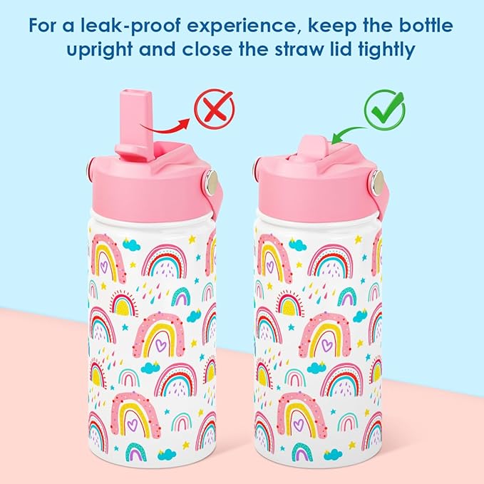 Kids Water Bottle with Straw Lid, Pack of 2 Insulated 12 Oz Stainless Steel Water Bottles for Girls, Travel Cup for School Sports, Unicorn - Rainbow