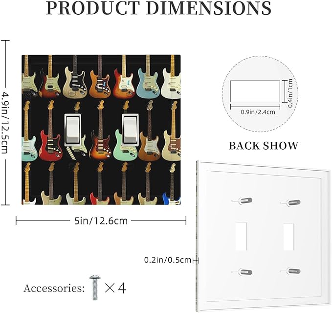 Vintage Electric Guitar Collection Double Toggle Switch Cover - 2-Gang Standard US Size Rock & Roll Guitar Light Switch Covers for Music Studio Decor