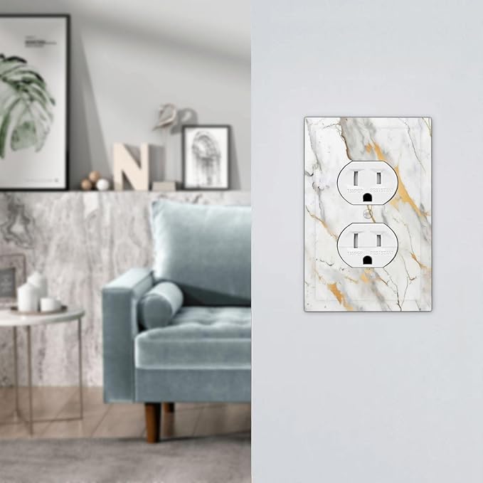 Outlet Covers Marbling Style White Background Gold Gray Stripes 1 Gang Duplex Light Switch Cover Decorative Switch Plates Electrical Receptacle Faceplate Wall Plate For Bathroom Kitchen