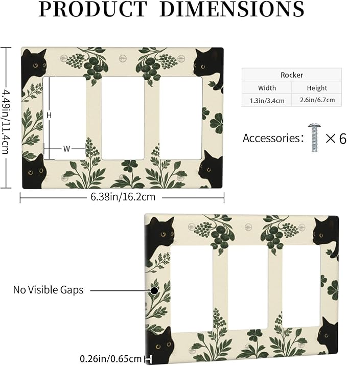 Decorative Outlet Covers Funny Black Cat Green Leaf 3 Gang Light Switch Cover Plate Triple Rocker Wall Plates for Electrical Outlets Switch Plate Covers for Bedroom Home Decor