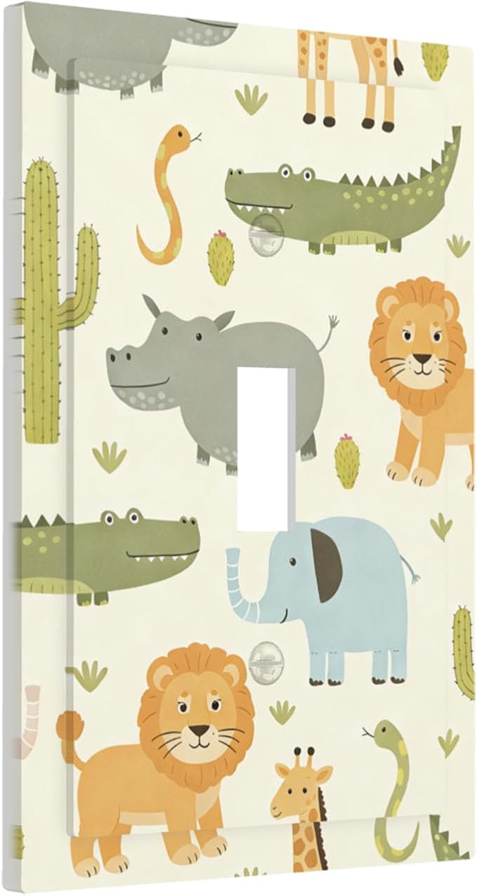 African Safari Animals 1-Gang Toggle Light Switch Plate, Cute Hippo Crocodile Lion Elephant And Giraffe Funny Wildlife Decorative Wall Plate for Boys & Girls Room