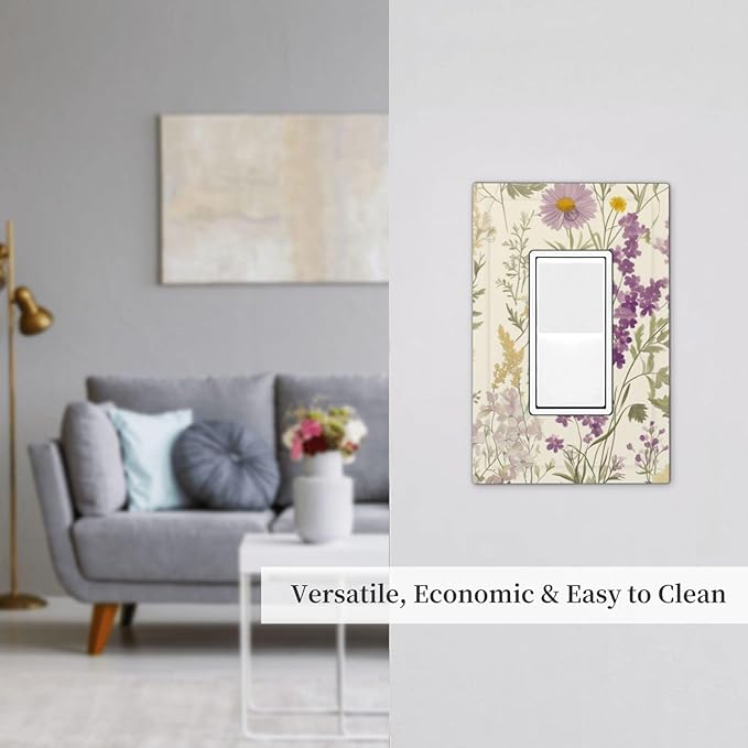 Watercolor Floral Leaves Single Light Switch Cover Plate Small Purple Flowers Daisies 1 Gang Rocker Outlet Covers Switchplate Decorative Electrical GFCI Faceplates for Bedroom Kitchen Decor