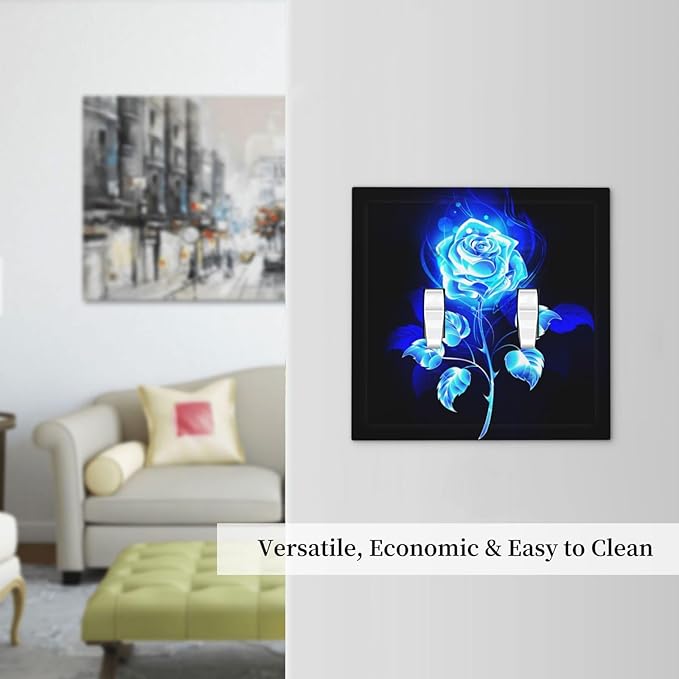 Blue Golden Rose Flower 2 Gang Double Toggle Light Switch Cover Electric Wall Plate Electrical Faceplate for Bathroom Home Living Room Jumbo Size Decor