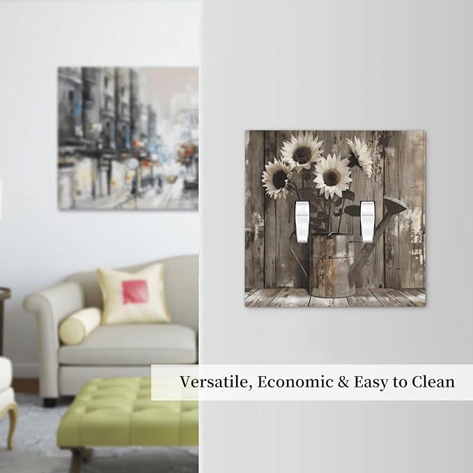 Rustic Floral Country Sunflower Daisy Old Wooden Boards Decorative Switch Plates 2 Gang Double Toggle Outlet Light Switch Cover Wall Plate Electrical Faceplate for Farmhouse Home Decor
