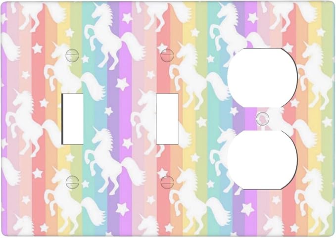 Rainbow Colorful Unicorn 3 Gang 2 Toggle 1 Duplex Combination Decorator Light Switch Outlet Cover Wall Plate, Cute Girls Kids Dream Fantasy Animals Triple Device Combo Receptacle Switch Face Plate