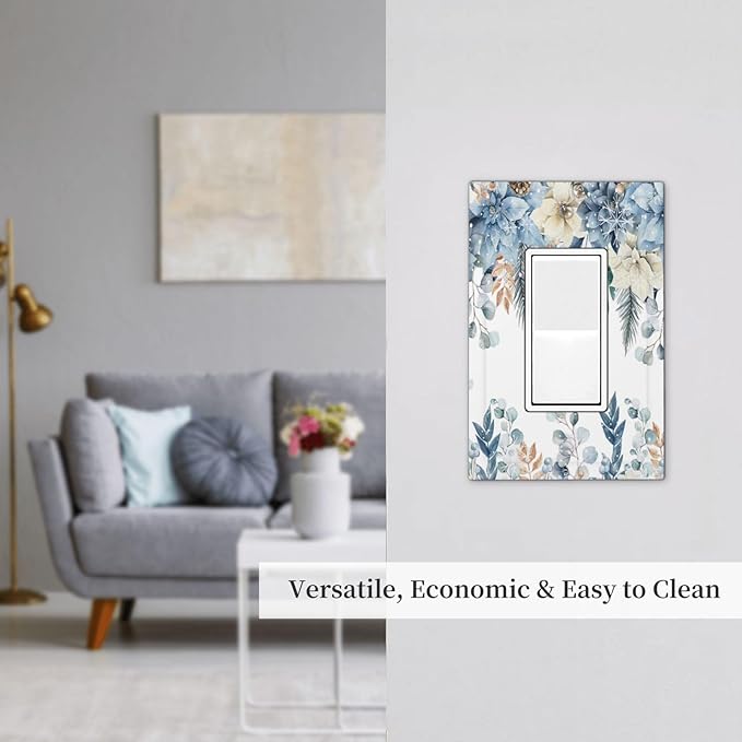 Blue Vine Snowflake Plants Leaves Floral Flowers Decorative Outlet Covers 1 Gang Single Rocker Light Switch Cover Plate Wall Plates GFCI Faceplate for Bedroom Living Room Decor