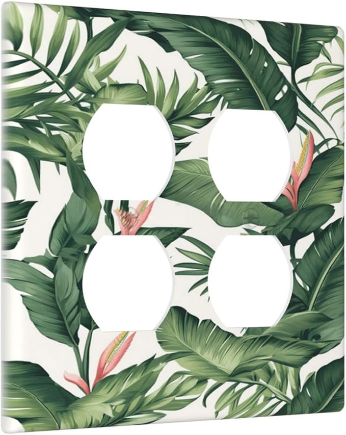 Tropical Leaf Jungle Botanical Palm Tree Greenery Floral Outlet Covers 2 Gang Double Duplex Decorative Light Switch Covers Electrical Wallplates Socket Faceplate for Bedroom Living Room Decor
