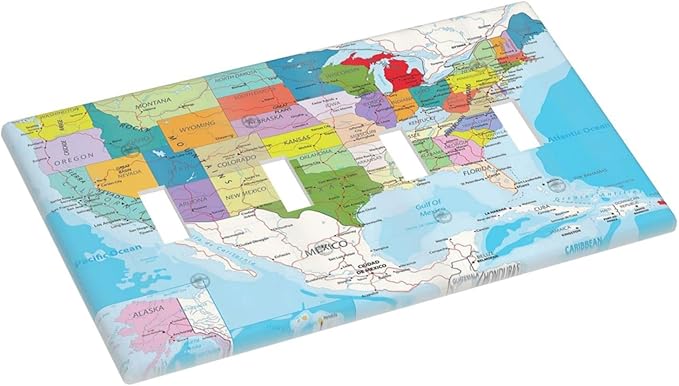 Igneinf USA Map 4 Gang Light Switch Cover Decorative Quad Toggle Wall Plate Decorative Electrical Faceplate for Kitchen Home Barn Farmhouse Decorate Large 8" x 4.5