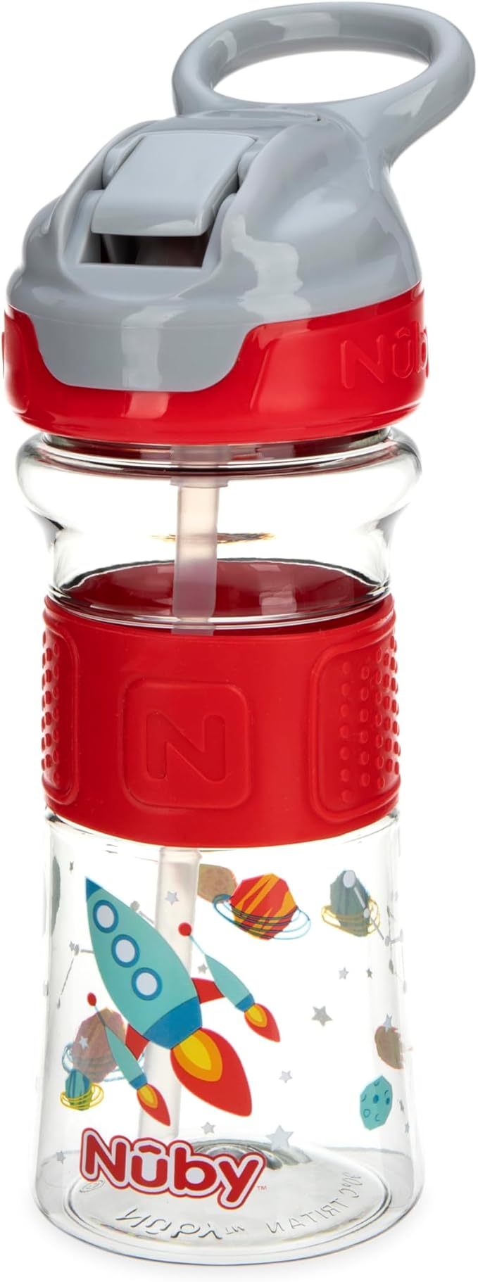 Nuby Thirsty Kids Push Button Flip-it Soft Spout on The Go Water Bottle with Easy Grip Band, 12oz, Rocket