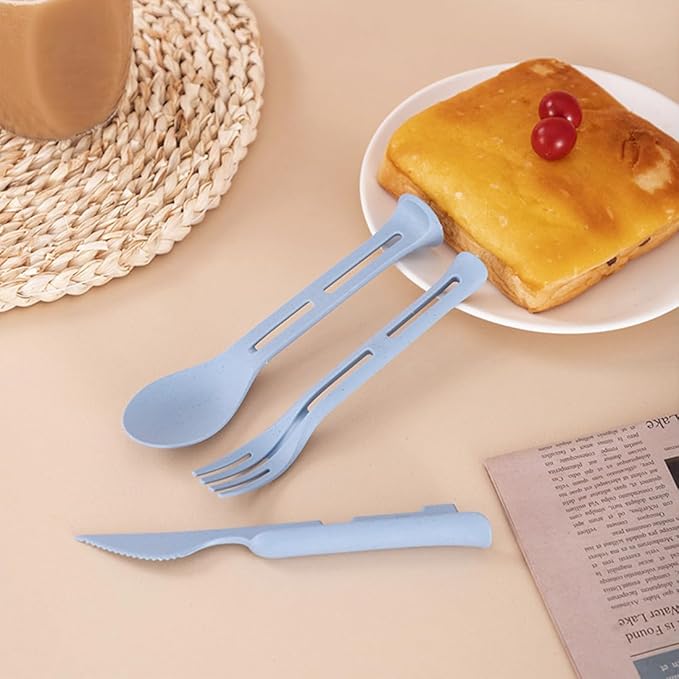 3PCS Wheat Straw Cutlery, Reusable Utensils Set Portable Travel 3 in 1 Spoon Fork Knife Tableware, Eco-Friendly, BPA Free, Flatware for Kids Adults, Travel Picnic Camping (Blue)