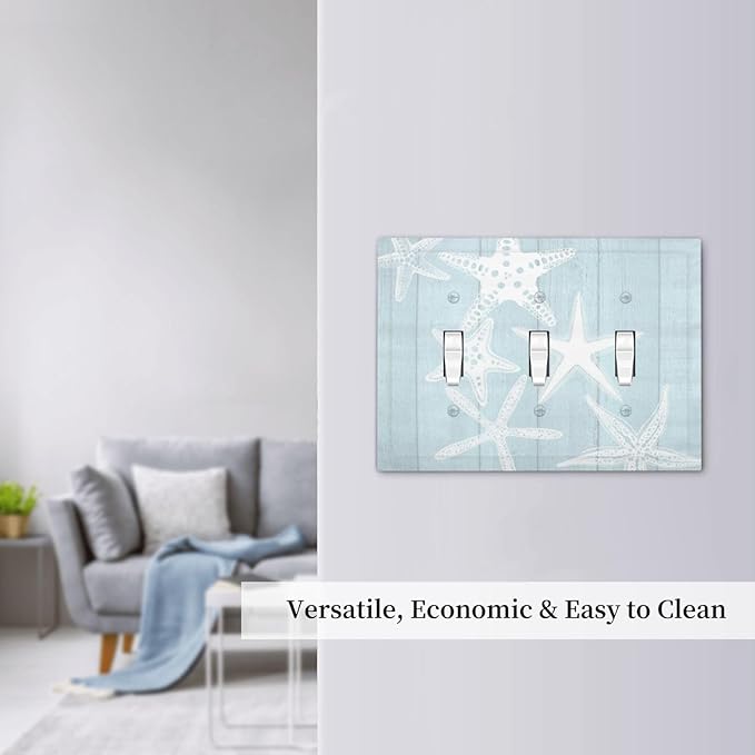 Beach Starfish Vintage Wood Rustic Country Ocean Decorative Switch Plates 3 Gang Wall Plate Triple Toggle Light Switch Cover Faceplate Electrical Wall Panels for Farmhouse Kids Room Decor