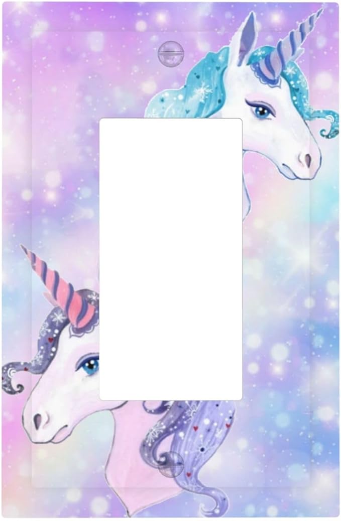 Cartoon Kids Girls Girly Fantasy Cute 1-Gang Decorator Rocker Outlet Light Switch Cover Purple/Blue Rainbow Unicorn Princess Decorative Single Device GFCI Receptacle Switch Wall Plate Dimmer Mid Size