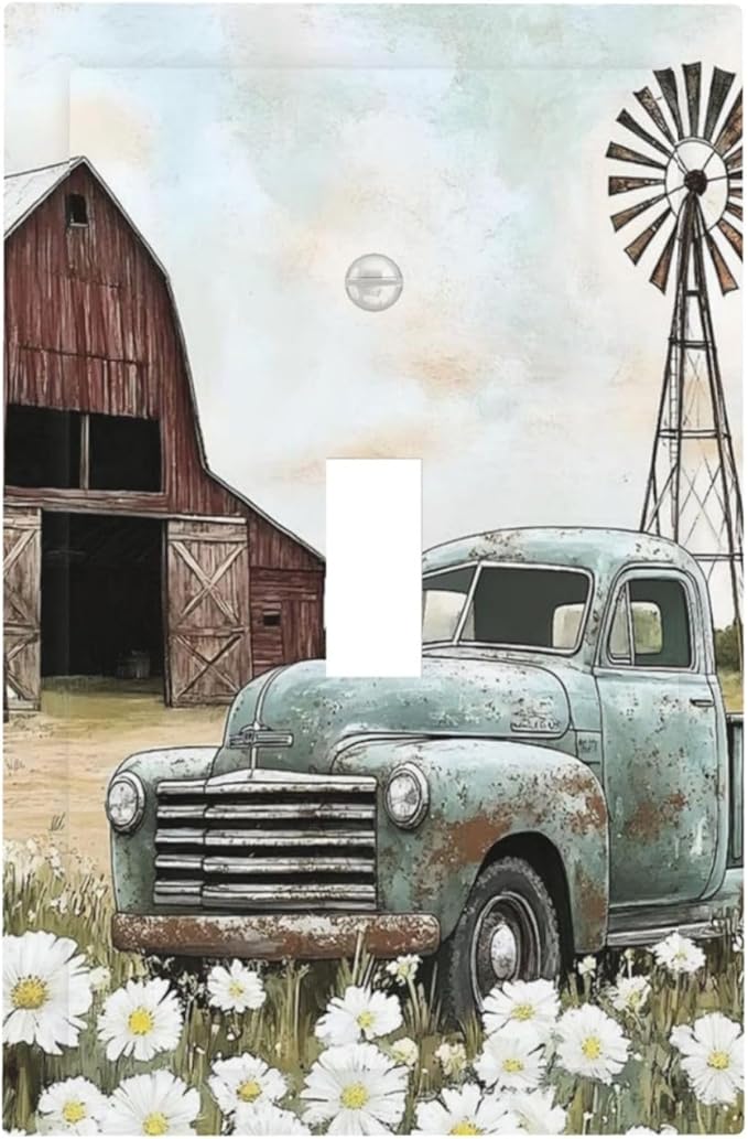 Retro Trucks Old Barn Windmill Teal Car Rustic Decorative Light Switch Cover 1 Gang Single Toggle Device Electrical Faceplate Switchplates Decorator Outlet Wall Plate for Farmhouse Home Decor
