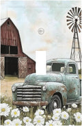 Retro Trucks Old Barn Windmill Teal Car Rustic Decorative Light Switch Cover 1 Gang Single Toggle Device Electrical Faceplate Switchplates Decorator Outlet Wall Plate for Farmhouse Home Decor