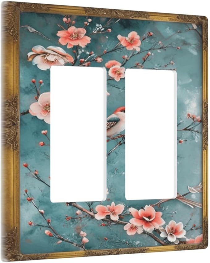 Decorative Art Light Switch Covers Birds on Branches 2 Gang Dual Rocker Outlet Switch plate Faceplate GFCI for Home Decor