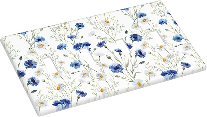 Light Switch Cover Plate Watercolor Daisy Blue Floral Vintage Plant 4 Gang Quad Toggle Decorative Switch Plates Wall Panels Electrical Wall Plates Faceplate for Bedroom Home Decor