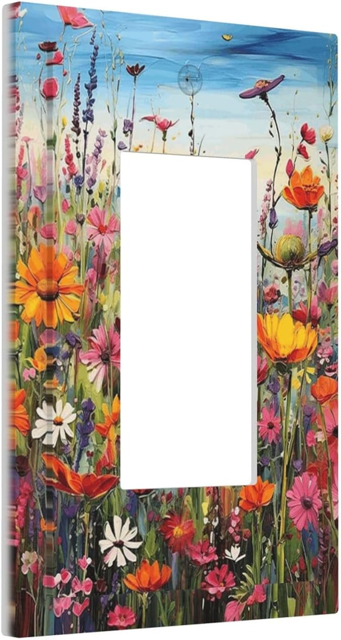 Colorful Wildflowers Painting Floral Flower Decorative Outlet Covers 1 Gang Single Rocker Light Switch Cover Plate Wall Plates GFCI Faceplate for Bedroom Living Room Decor
