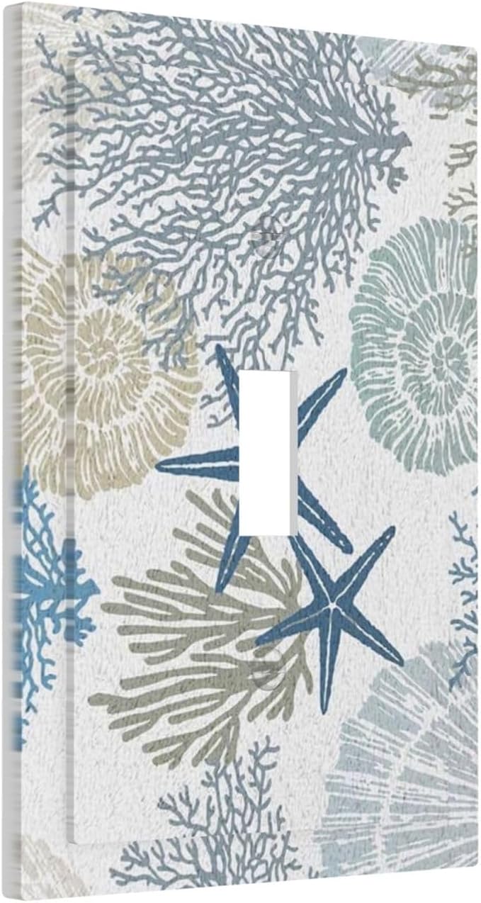 Tropical Beach Nautical Decorative Single Toggle Light Switch Plate and Decorative Outlet Cover Teal Blue Starfish Seashell Coral Coastal Conch Ocean 1 Gang Receptacle Switch Face Plate Cover Mid Size