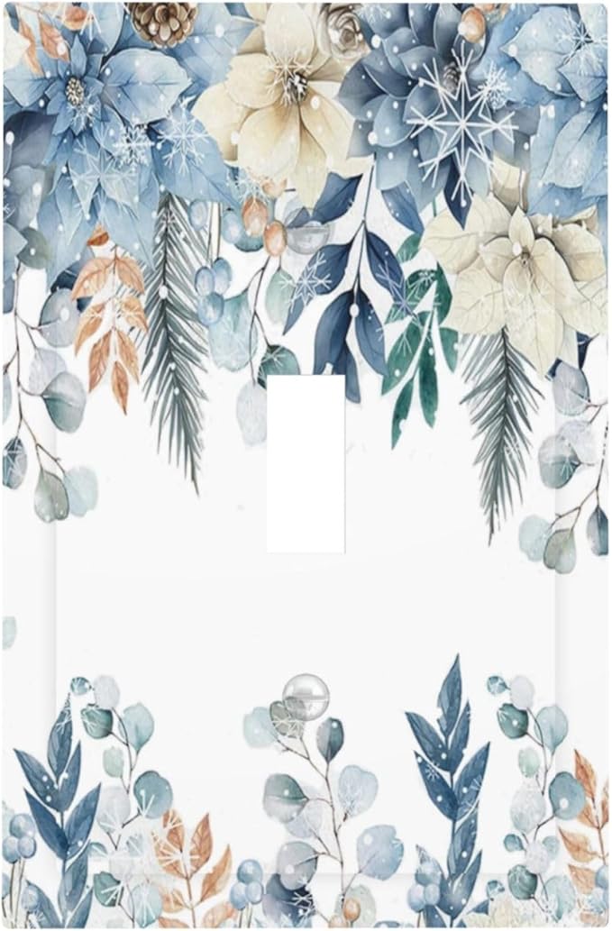 Blue Vine Snowflake Plants Leaves Floral Flowers Decorative Light Switch Cover 1 Gang Single Toggle Device Electrical Faceplate Switchplates Decorator Outlet Wall Plate for Bedroom Living Room Decor