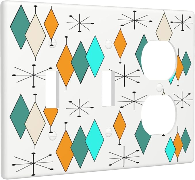 70s Abstract Boho Geometric Mid Century Atomic 3 Gang 2-Toggle 1-Duplex Combo Wall Plate Decorative Light Switch Outlet Wallplate Faceplate Cover