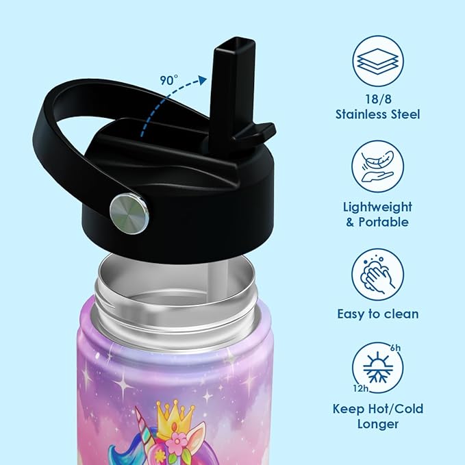 Kid Water Bottle 12oz with Straw Lid - 2-Pack Insulated Stainless Steel Water Bottles for Kids Girls - Travel Cup for Back to School Sports Christmas Birthday (Unicorn & Mermaid)