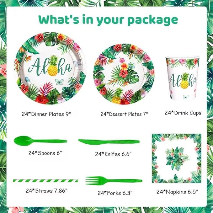 AIBIIN 192 PCS Hawaiian Luau Party Decorations Tropical Paper Plates Cups and Napkins Sets Tropical Party Supplies Disposable Tableware Set with Plates Forks Straws Serves 24 Guests