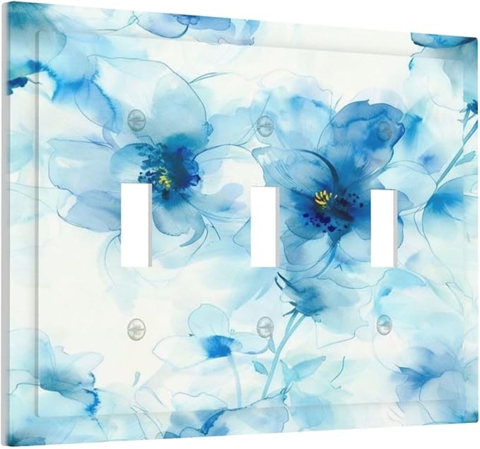 Watercolor Flower Blue White Large Floral Leaf Plants Decorative Switch Plates 3 Gang Wall Plate Triple Toggle Light Switch Cover Faceplate Electrical Wall Panels for Bedroom Living Room Decor