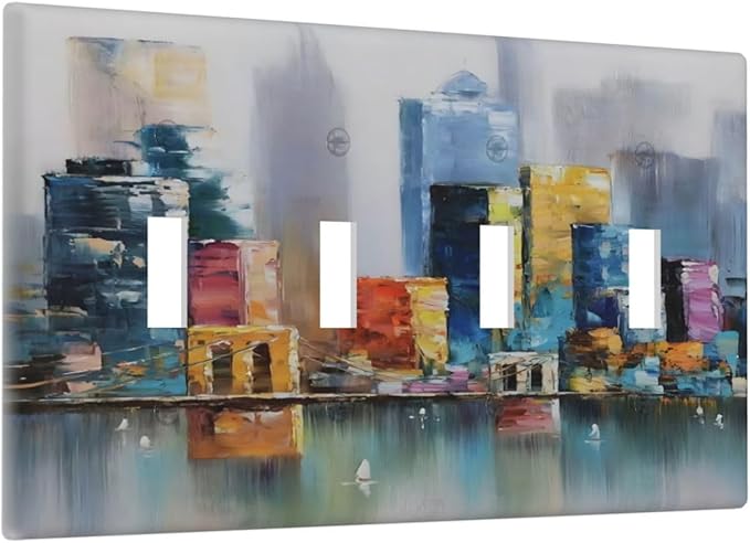 Colorful Nyc Skyline Textured Modern Abstract Light Switch Covers Quad Toggle Electrical Faceplate 4 Gang Wall Plate Decorative Switch Plates Cover for Bedroom Living Room Decor