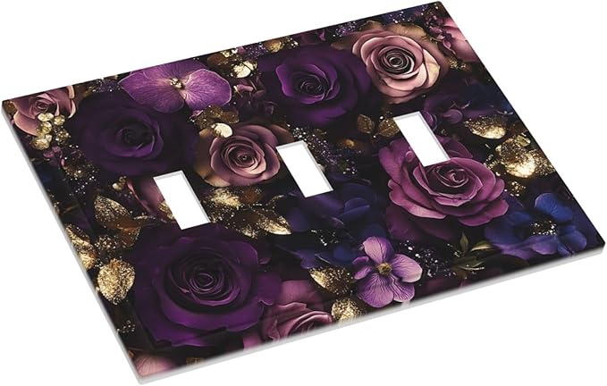 Decorative Switch Plate Cover with Luxurious Purple Roses Gold Accents Leaves Design 3 Gang Artistic Wall Plate Unique Triple Toggle Light Switch Covers for Romantic Bedroom/Living Room Decor