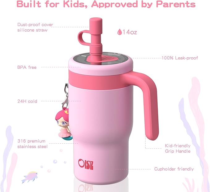 OISIZ 14oz Kids Tumbler with Straw Lid & Handle,Kids Cup with Animal Accessory for School,Kids Water Bottles with Dust-proof Cover,Leakproof Water Bottles,316 Stainless Steel,Keep Cold 24 Hours-pink