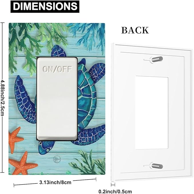 Coastal Sea Turtle Single Rocker Switch Cover - 1-Gang Standard US Size Mosaic Starfish Light Switch Covers, Nautical Ocean Theme for Coastal Homes