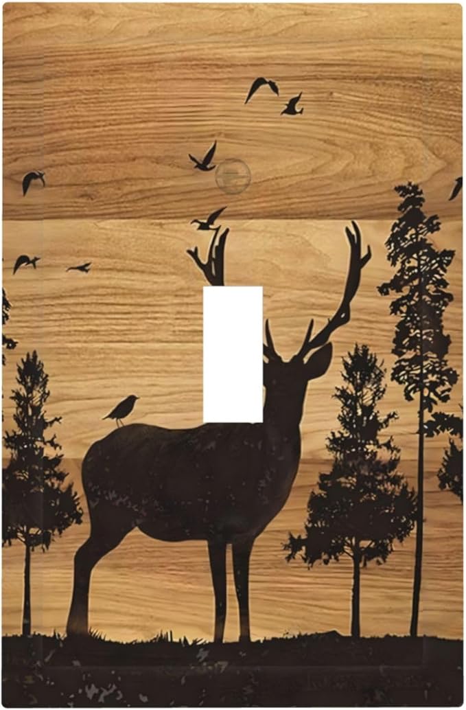 Elk Moose Forest Hunting Pyrography Art Wood Texture Print Decorative Light Switch Cover 1 Gang Single Toggle Device Electrical Faceplate Switchplates Decorator Outlet Wall Plate for Farmhouse Bedroom