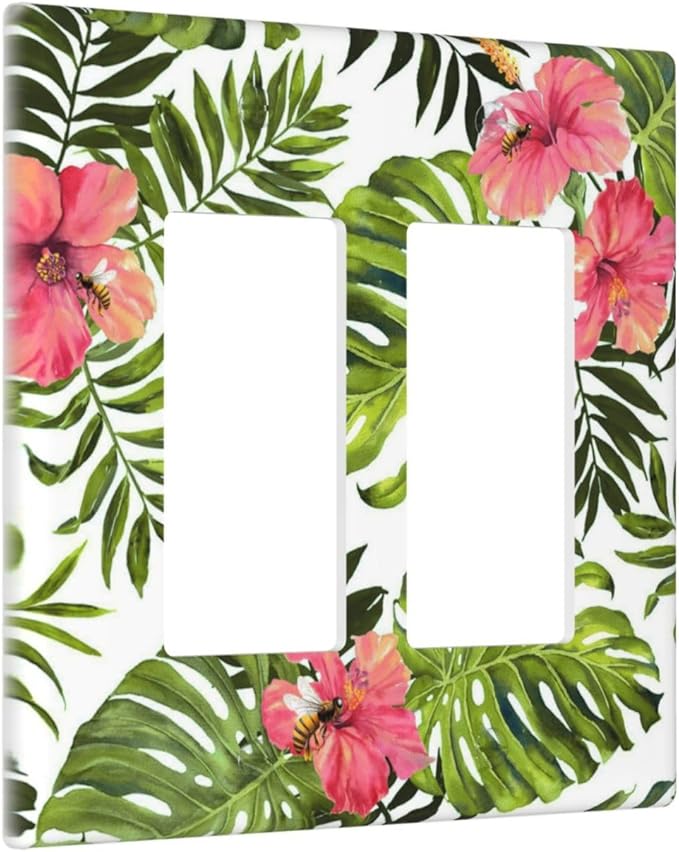 Tropical Plant Green Palm 2 Gang Double Rocker/Decora Light Switch Cover Decorative Wallplate Banana Leaves Pink Flower Rainfores Jungle Botanical Gfci Electrical Faceplate Home Bedroom Art Decor