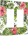Tropical Plant Green Palm 2 Gang Double Rocker/Decora Light Switch Cover Decorative Wallplate Banana Leaves Pink Flower Rainfores Jungle Botanical Gfci Electrical Faceplate Home Bedroom Art Decor