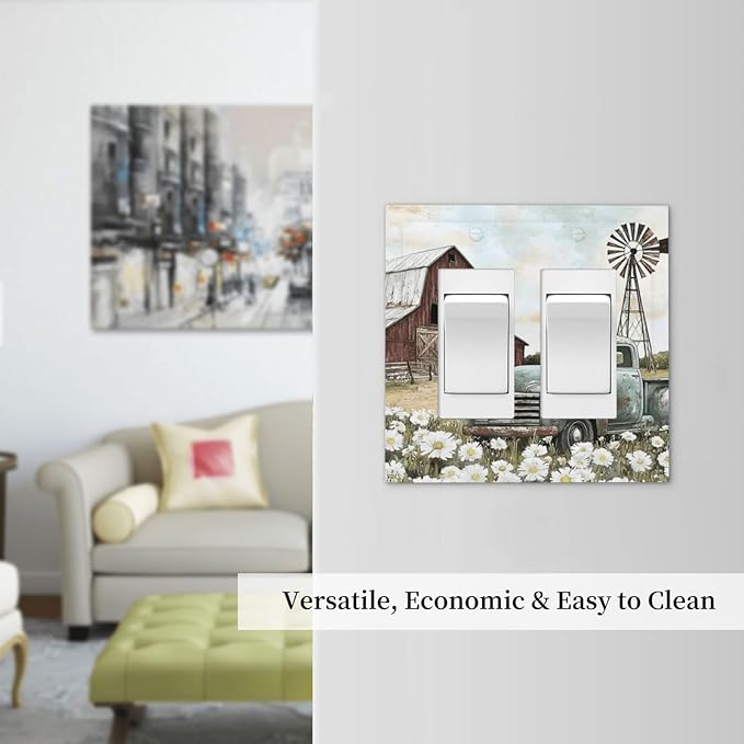 Retro Trucks Old Barn Windmill Teal Car Rustic Decorative Outlet Covers 2 Gang Double GFCI Rocker Electrical Wall Panels Light Switch Cover Plate for Farmhouse Home Decor