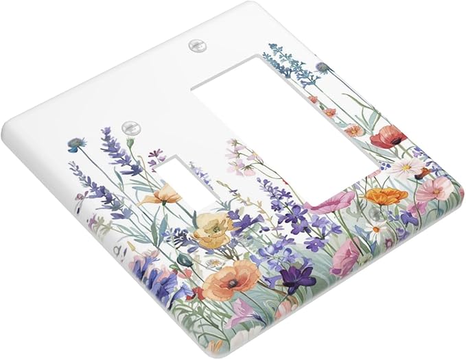 Colorful Floral Purple Lavender Flower Leaves Plants Outlet Covers 1 Toggle 1 Rocker Combination Decorative Wall Plate Electrical Switch Plates Light Switch Cover Plate for Bed Room Living Room Decor