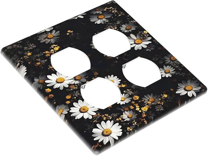 White Black Daisy Wildflower Modern Chrysanthemum Outlet Covers 2 Gang Double Duplex Decorative Light Switch Covers Electrical Wallplates Socket Faceplate for Bedroom Farmhouse Decor